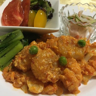 6月17日の晩ごはん(ミルフィーユとんかつ、海老のチリソース卵入り)