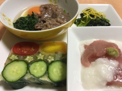 6月13日の晩ごはん(夏野菜の塩レモンゼリー、ブリカマの塩焼き、海老の塩焼き)