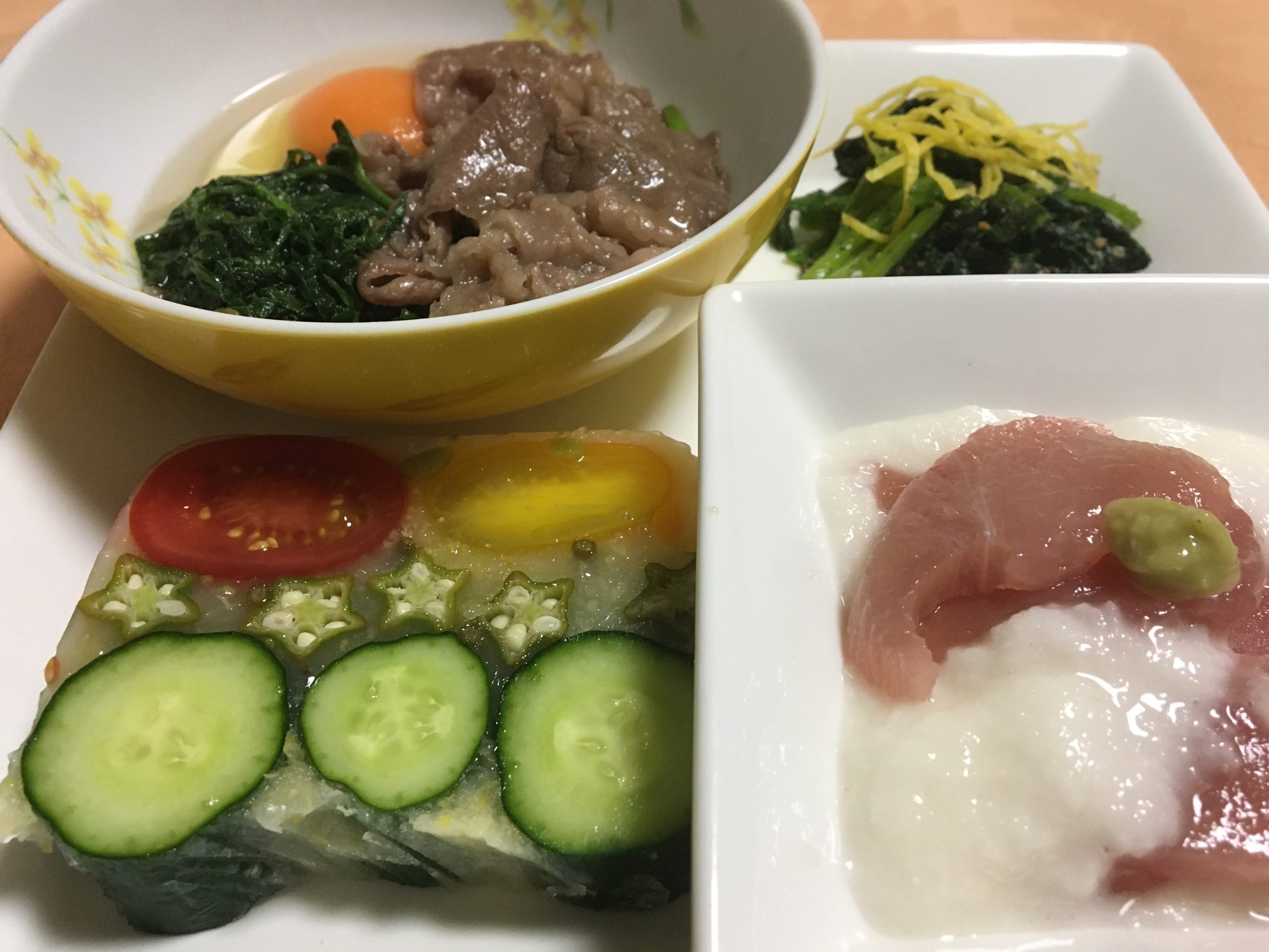 6月13日の晩ごはん(夏野菜の塩レモンゼリー、ブリカマの塩焼き、海老の塩焼き)