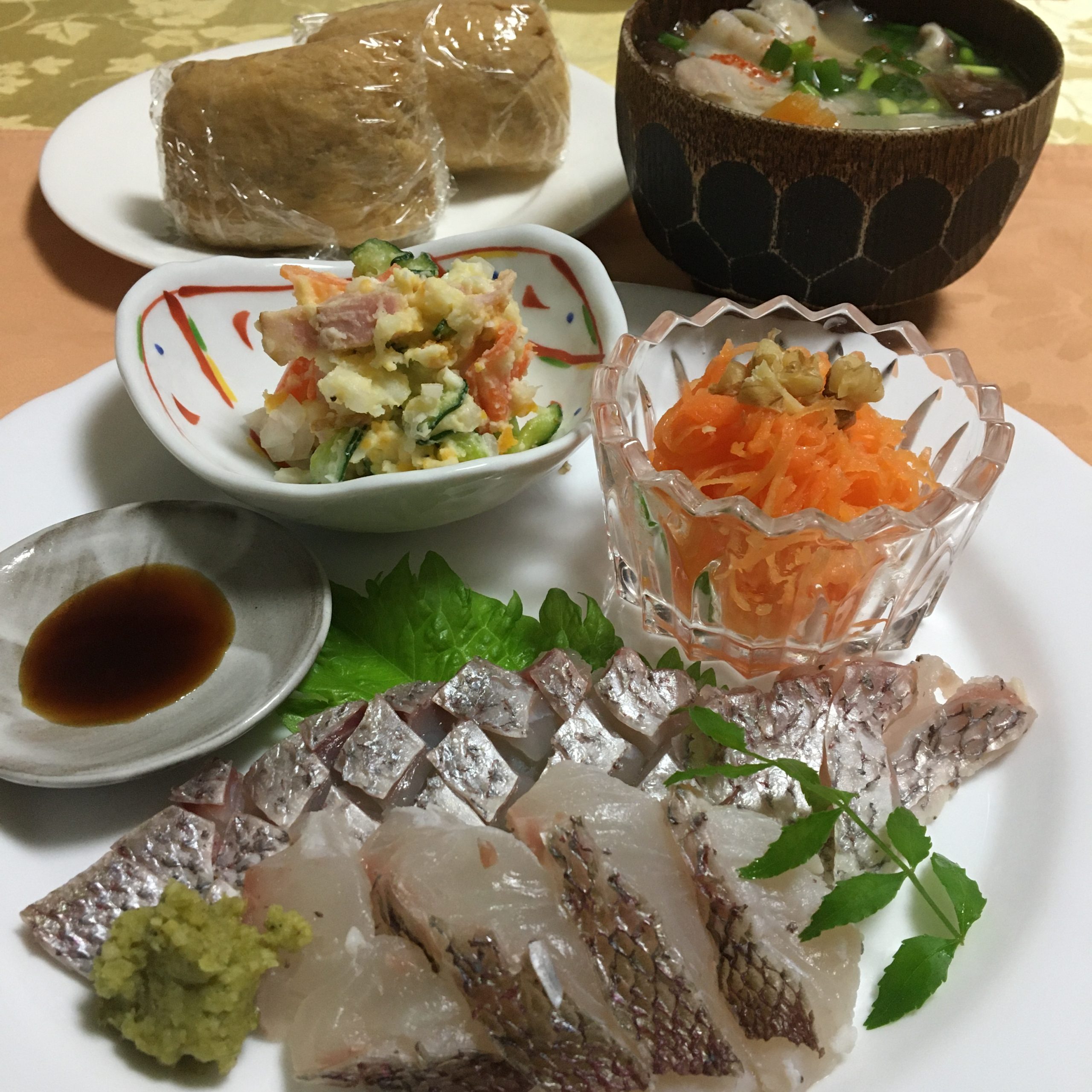 6月20日の晩ごはん(鯛の湯霜、エリンギの帆立風バター炒め)